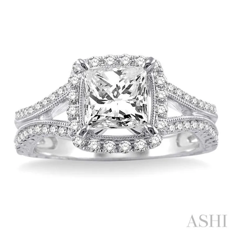 1 1/6 Ctw Diamond Engagement Ring with 3/4 Ct Princess Cut Center Stone in 14K White Gold