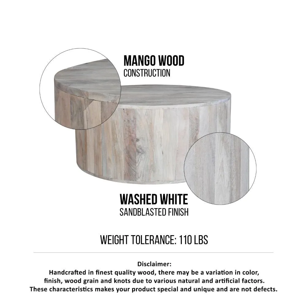 36 Inch Coffee Table, Handcrafted Drum Shape, Sandblasted Washed White Mango Wood The Urban Port