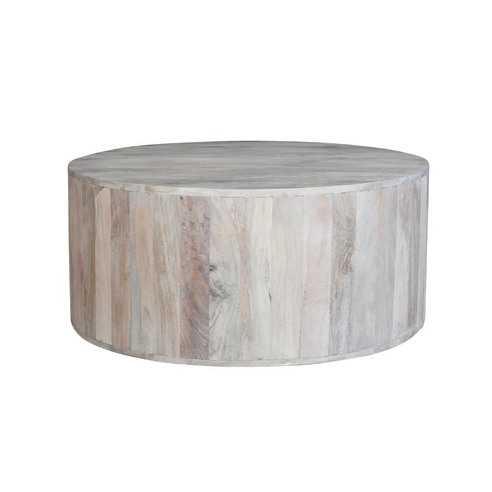 36 Inch Coffee Table, Handcrafted Drum Shape, Sandblasted Washed White Mango Wood The Urban Port