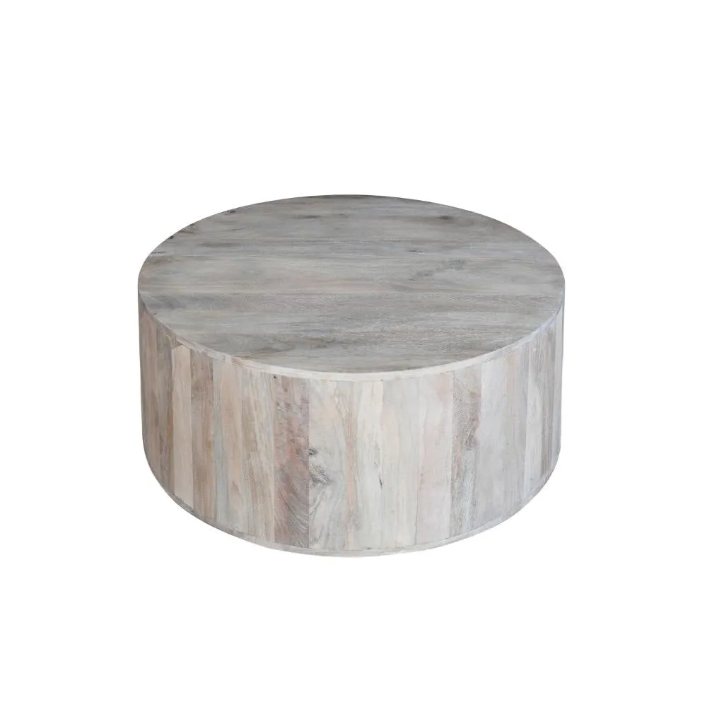 36 Inch Coffee Table, Handcrafted Drum Shape, Sandblasted Washed White Mango Wood The Urban Port