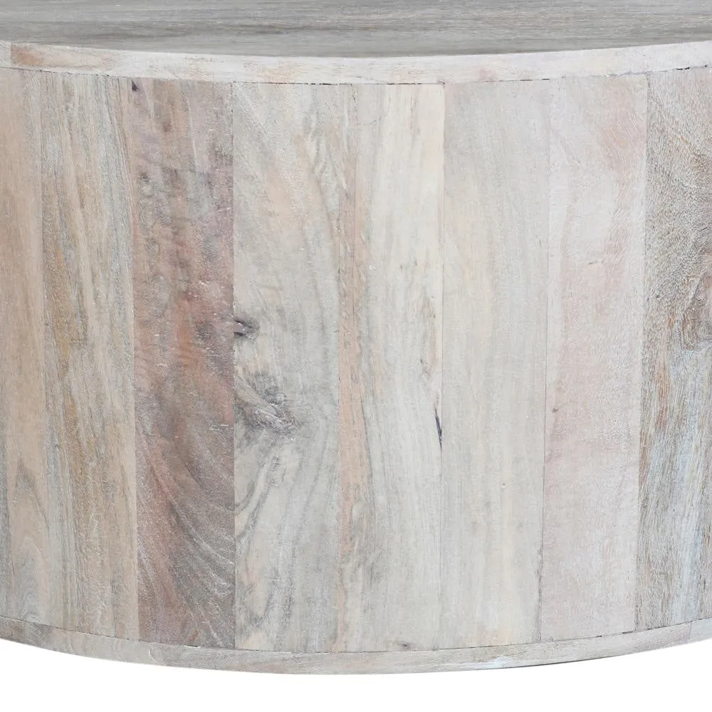 36 Inch Coffee Table, Handcrafted Drum Shape, Sandblasted Washed White Mango Wood The Urban Port