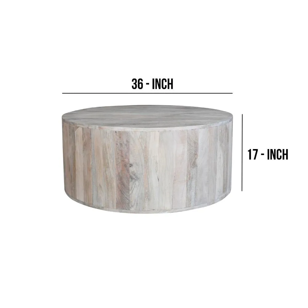 36 Inch Coffee Table, Handcrafted Drum Shape, Sandblasted Washed White Mango Wood The Urban Port