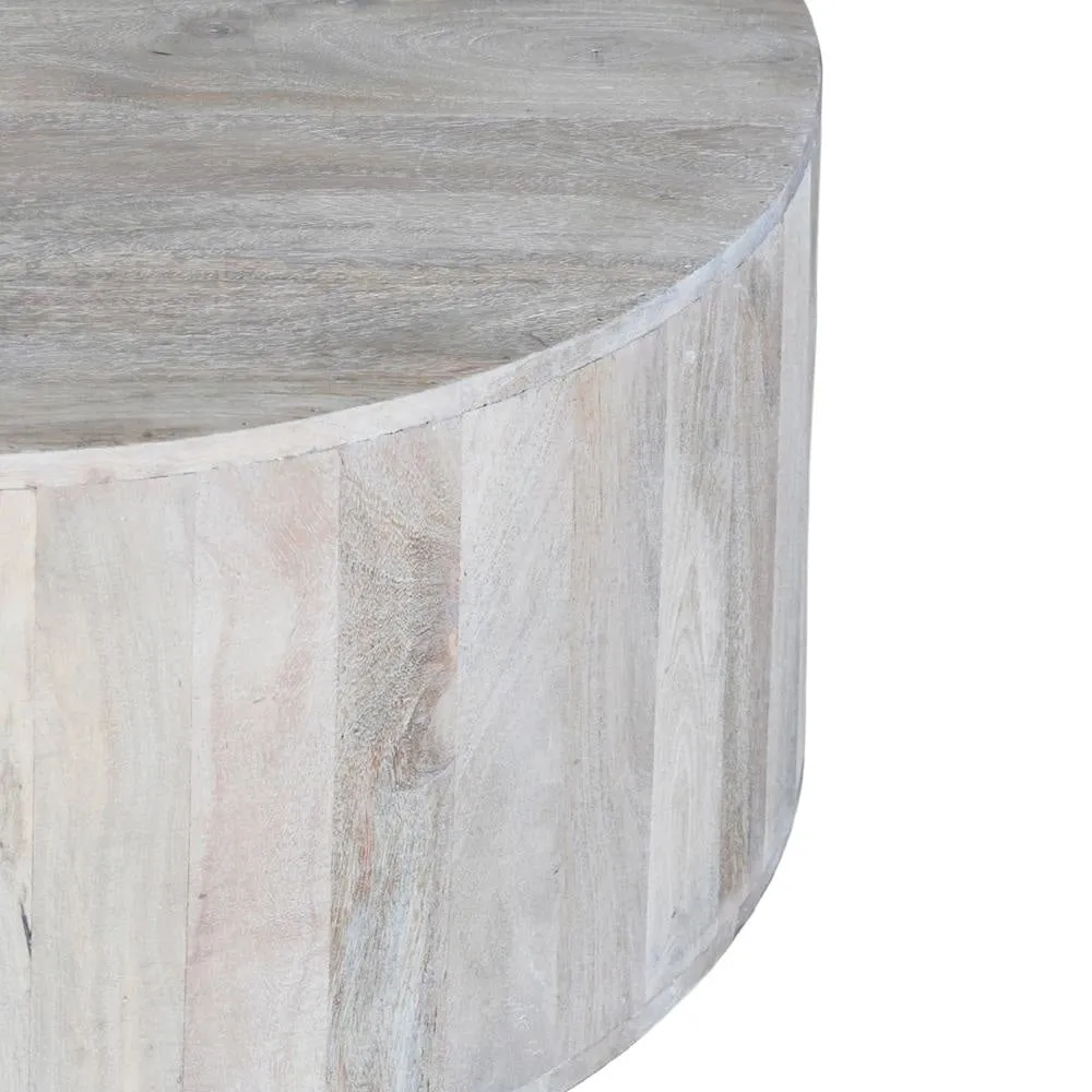 36 Inch Coffee Table, Handcrafted Drum Shape, Sandblasted Washed White Mango Wood The Urban Port