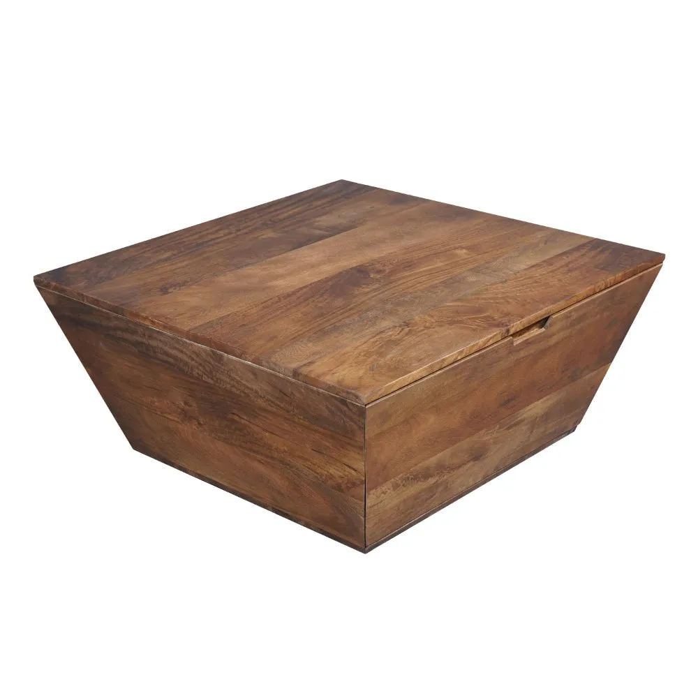 36 Inch Handcrafted Modern Farmhouse Coffee Table, Geometric Angled Square, 1 Drawer, Walnut Mango Wood The Urban Port