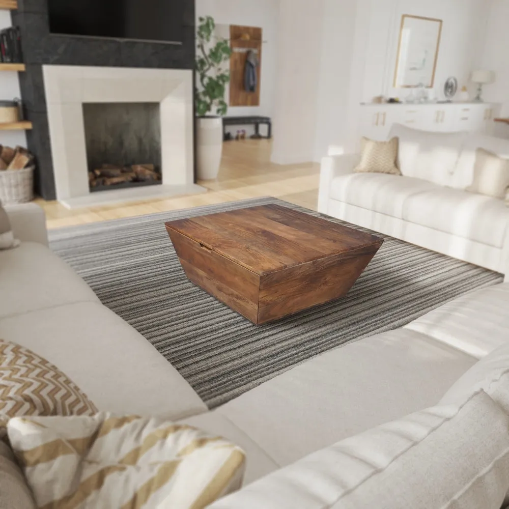 36 Inch Handcrafted Modern Farmhouse Coffee Table, Geometric Angled Square, 1 Drawer, Walnut Mango Wood The Urban Port