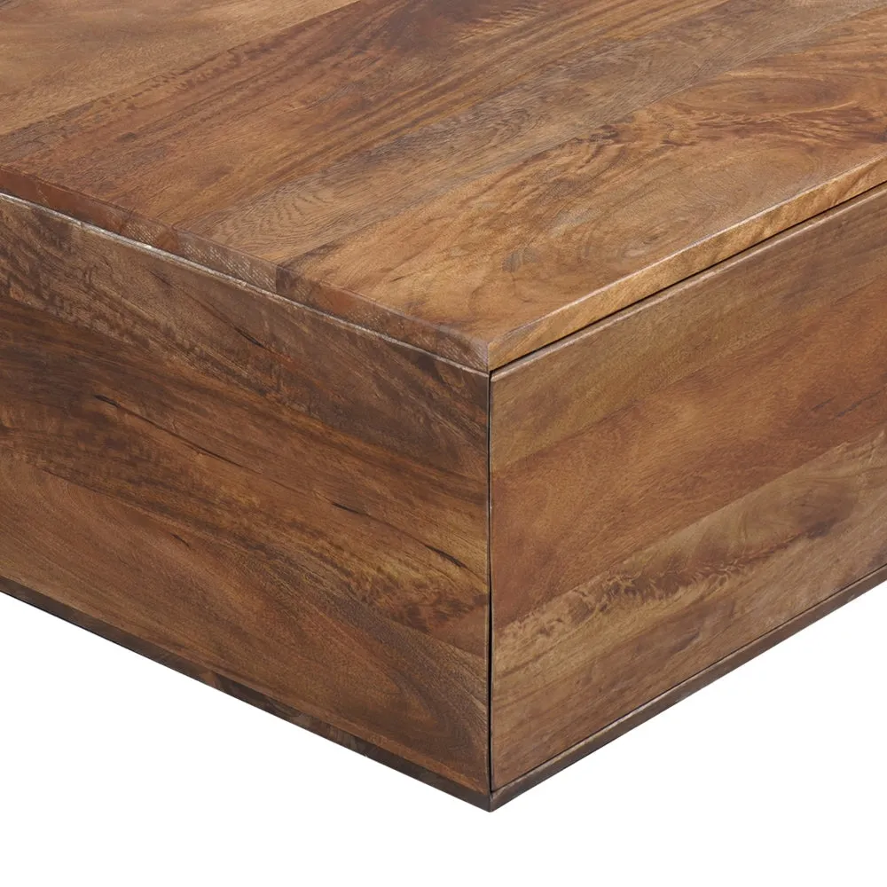 36 Inch Handcrafted Modern Farmhouse Coffee Table, Geometric Angled Square, 1 Drawer, Walnut Mango Wood The Urban Port