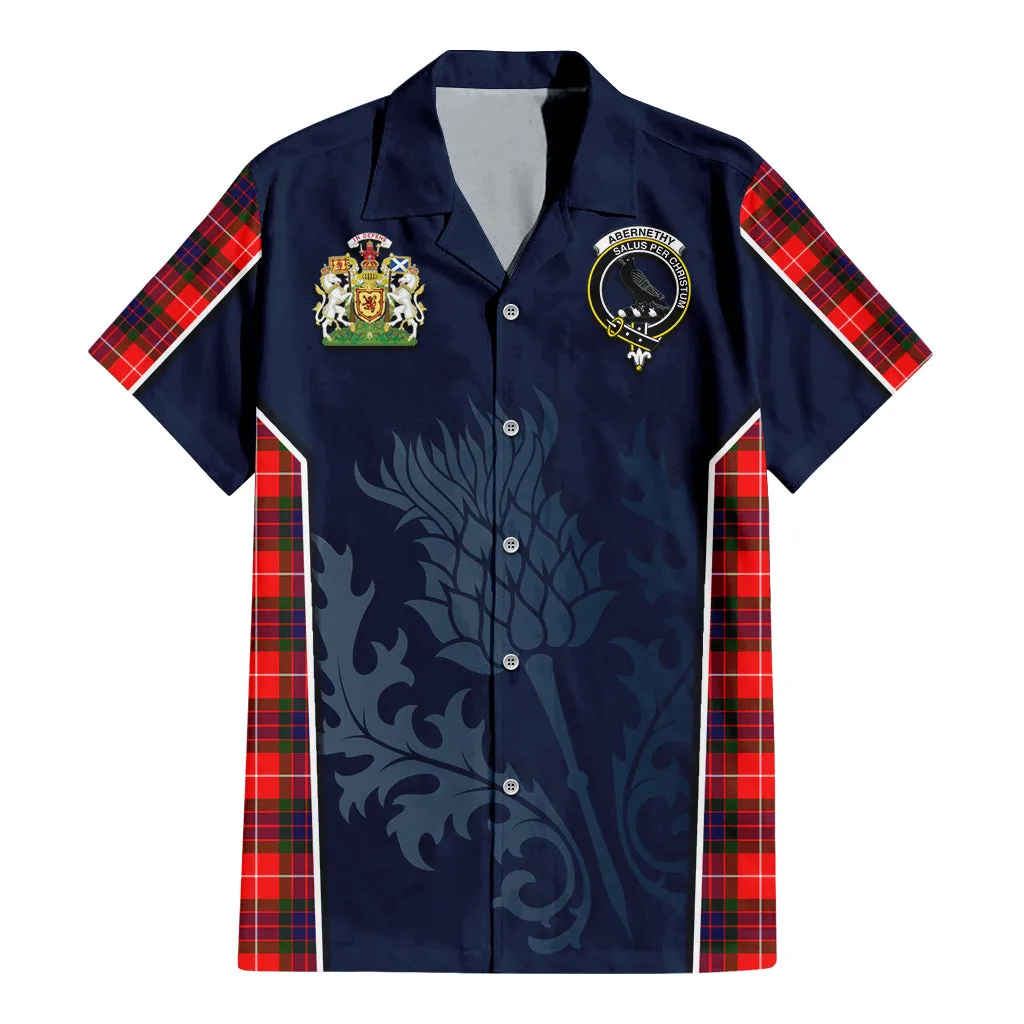 Abernethy Tartan Short Sleeve Button Up Shirt with Family Crest and Scottish Thistle Vibes Sport Style