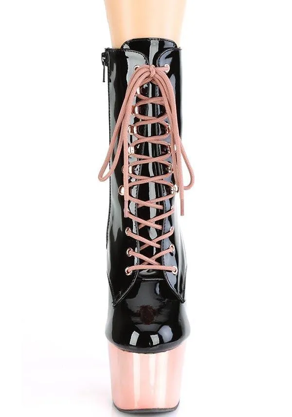 ADORE-1020 [Black Patent/Rose Gold Chrome] | PLATFORM BOOTS [PREORDER]