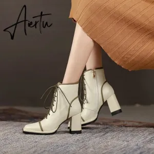 Aiertu NEW Fall Shoes Women Square Toe Chunky Boots for Women Winter Genuine Leather Boots High Heel Platform Boots Elegent Girl Shoes