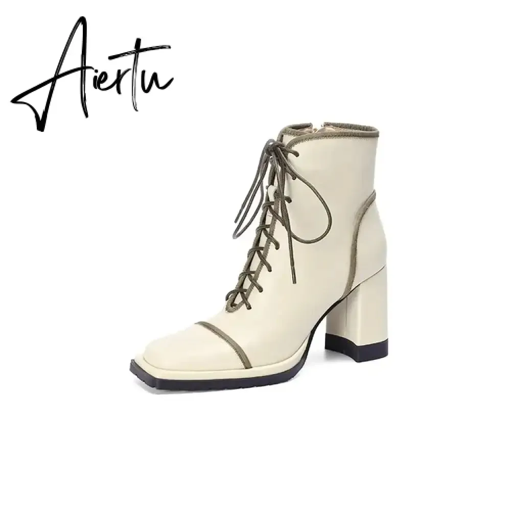 Aiertu NEW Fall Shoes Women Square Toe Chunky Boots for Women Winter Genuine Leather Boots High Heel Platform Boots Elegent Girl Shoes