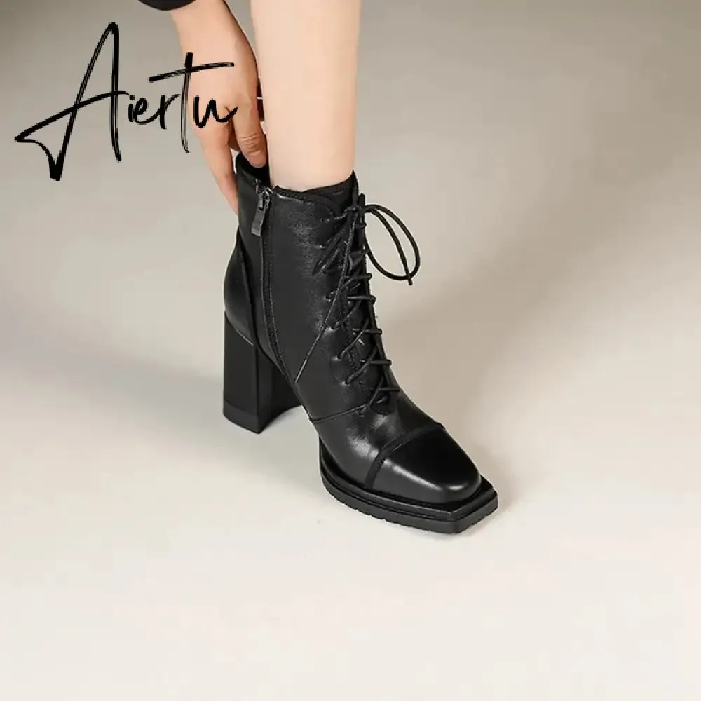 Aiertu NEW Fall Shoes Women Square Toe Chunky Boots for Women Winter Genuine Leather Boots High Heel Platform Boots Elegent Girl Shoes