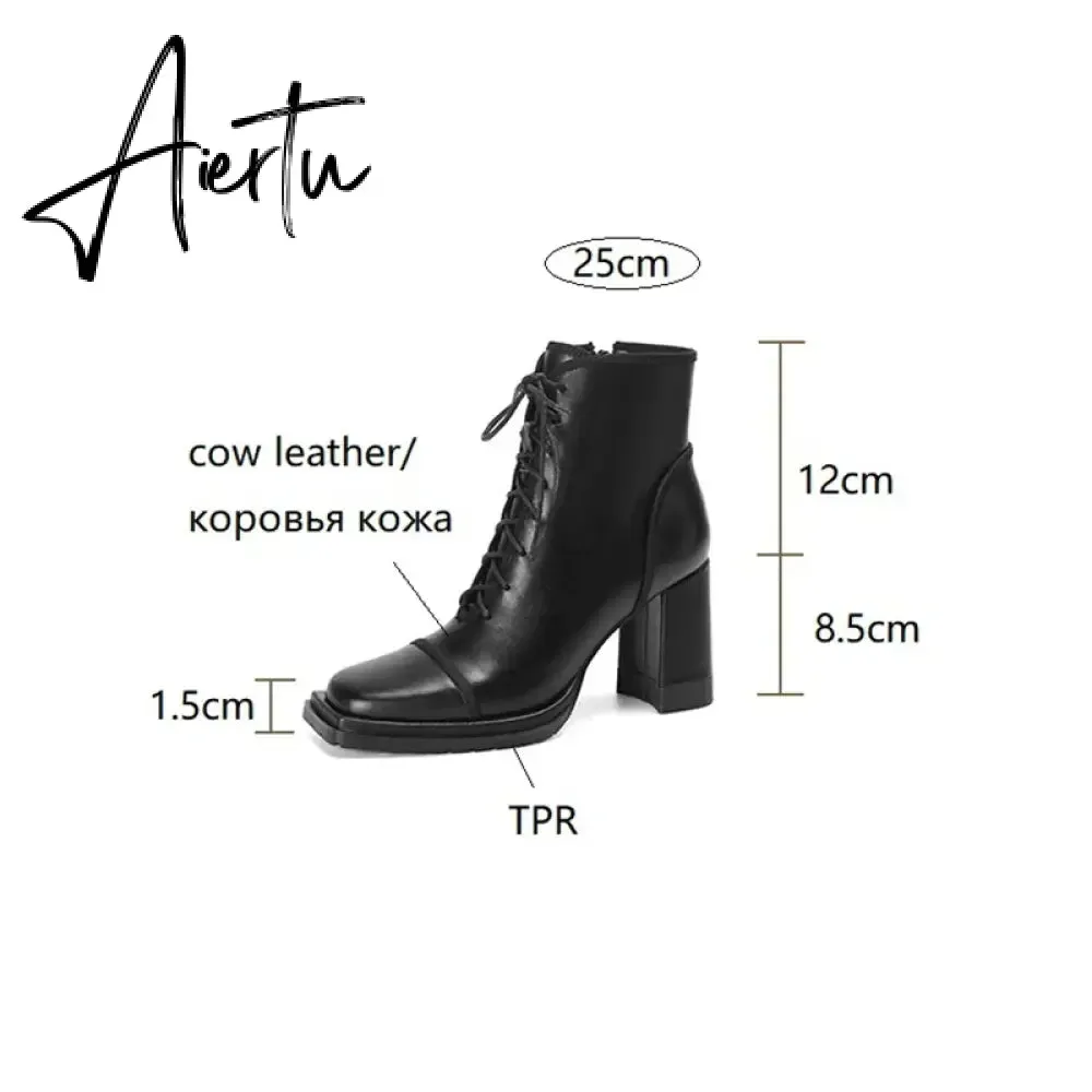 Aiertu NEW Fall Shoes Women Square Toe Chunky Boots for Women Winter Genuine Leather Boots High Heel Platform Boots Elegent Girl Shoes