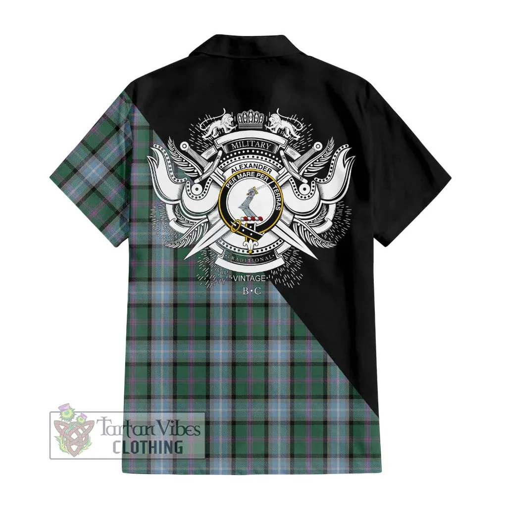 Alexander of Menstry Hunting Tartan Short Sleeve Button Shirt with Family Crest and Military Logo Style