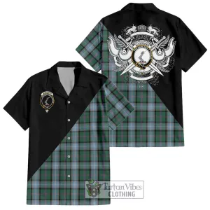 Alexander of Menstry Hunting Tartan Short Sleeve Button Shirt with Family Crest and Military Logo Style