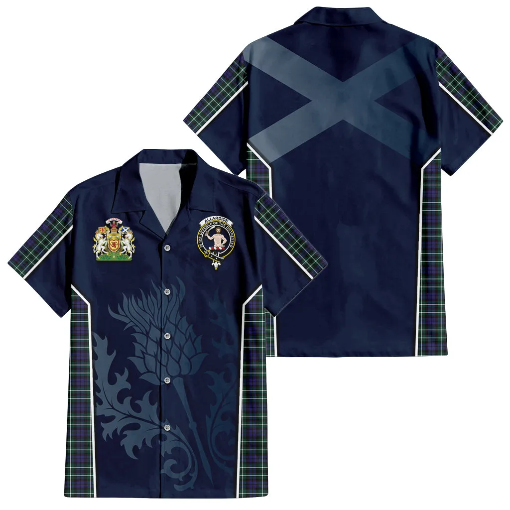 Allardice Tartan Short Sleeve Button Up Shirt with Family Crest and Scottish Thistle Vibes Sport Style