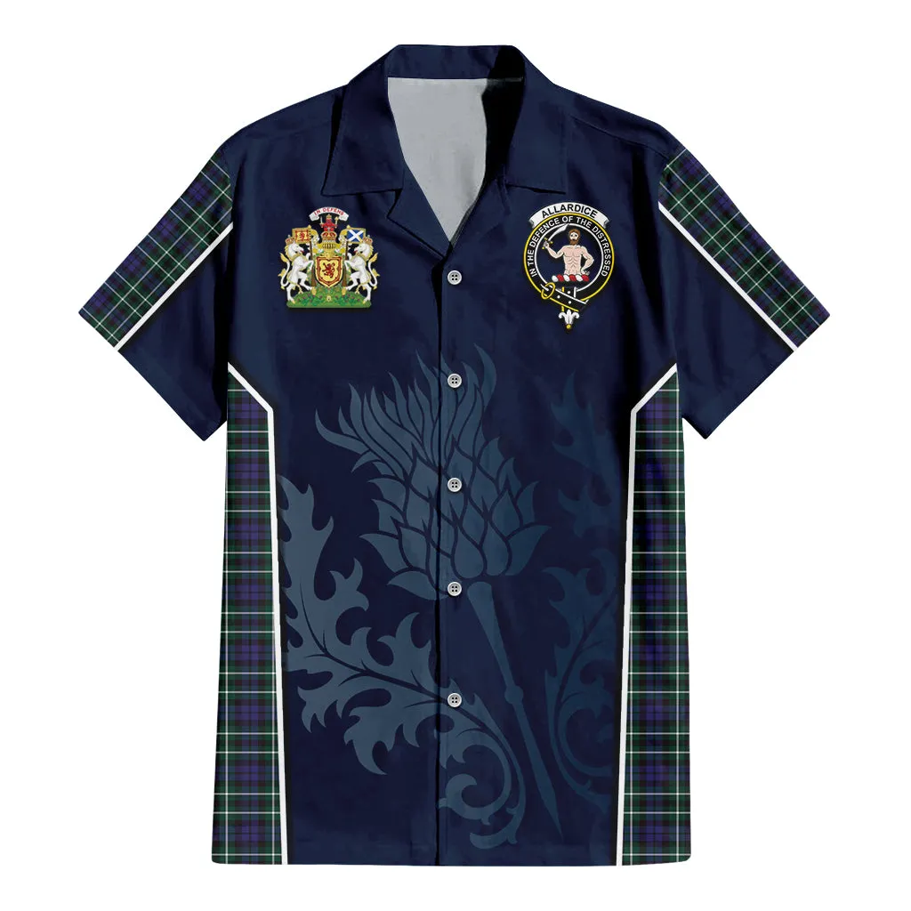 Allardice Tartan Short Sleeve Button Up Shirt with Family Crest and Scottish Thistle Vibes Sport Style