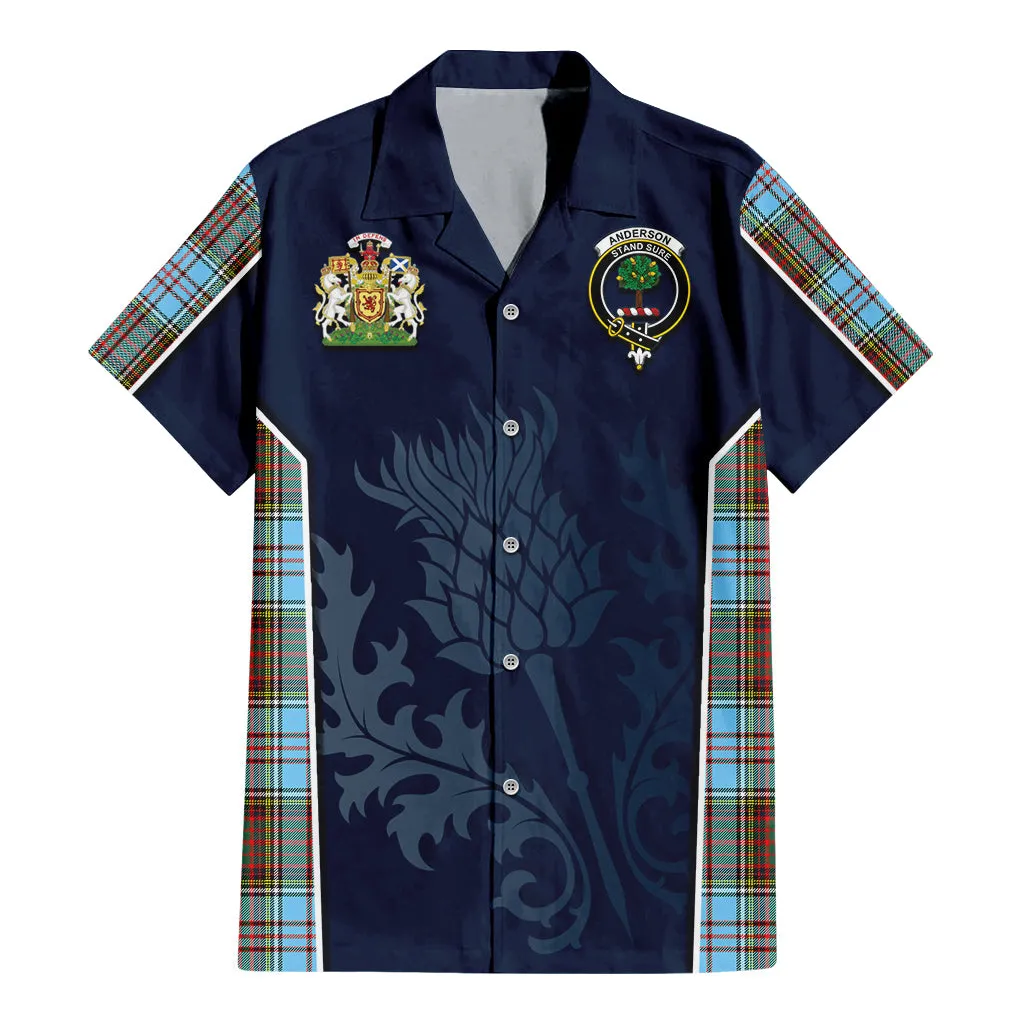 Anderson Ancient Tartan Short Sleeve Button Up Shirt with Family Crest and Scottish Thistle Vibes Sport Style