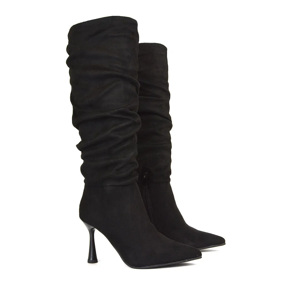 Andi Knee High Stiletto Heeled Ruched Pointed Toe Boots in Black