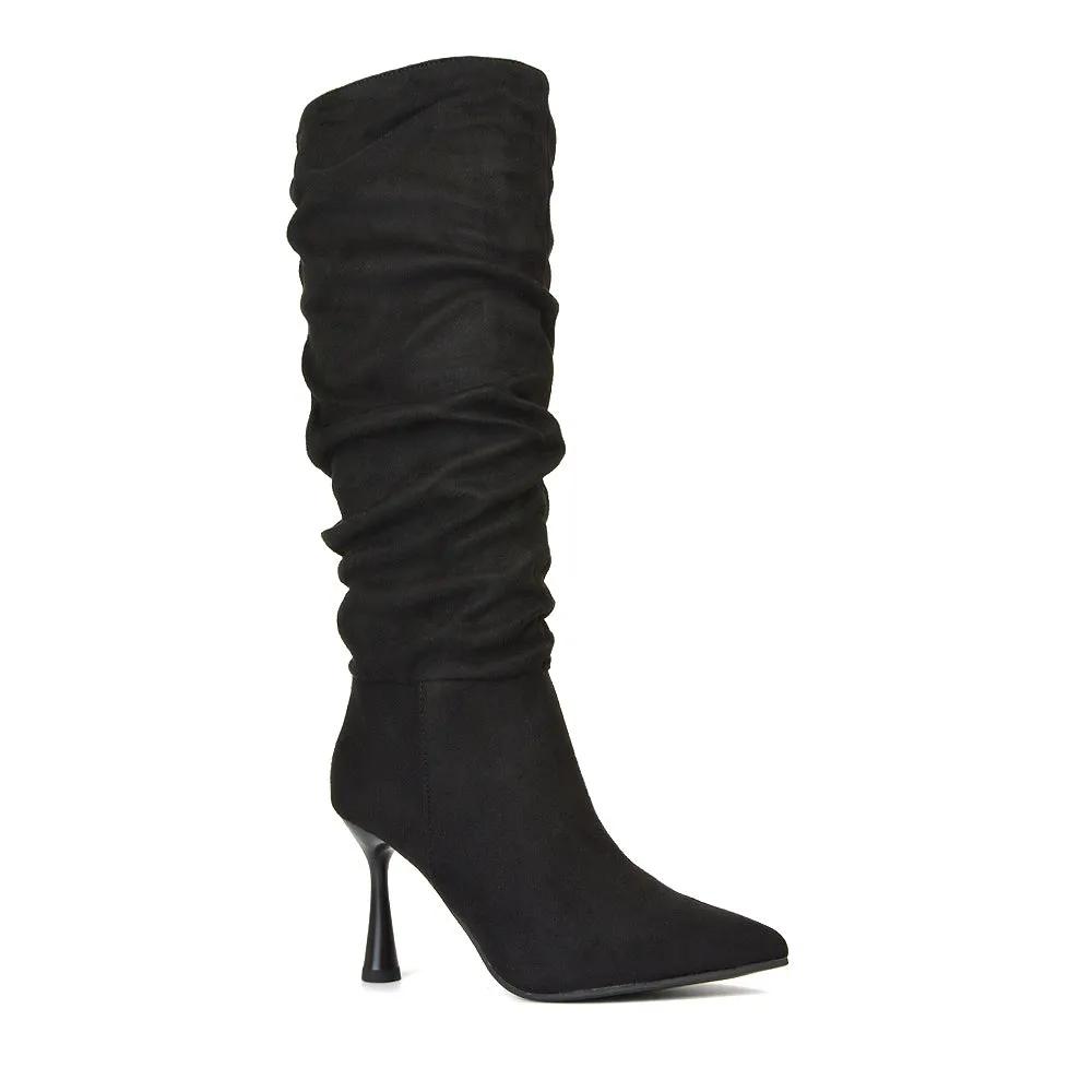 Andi Knee High Stiletto Heeled Ruched Pointed Toe Boots in Black