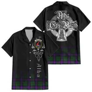 Armstrong Modern Tartan Short Sleeve Button Up Shirt Featuring Alba Gu Brath Family Crest Celtic Inspired