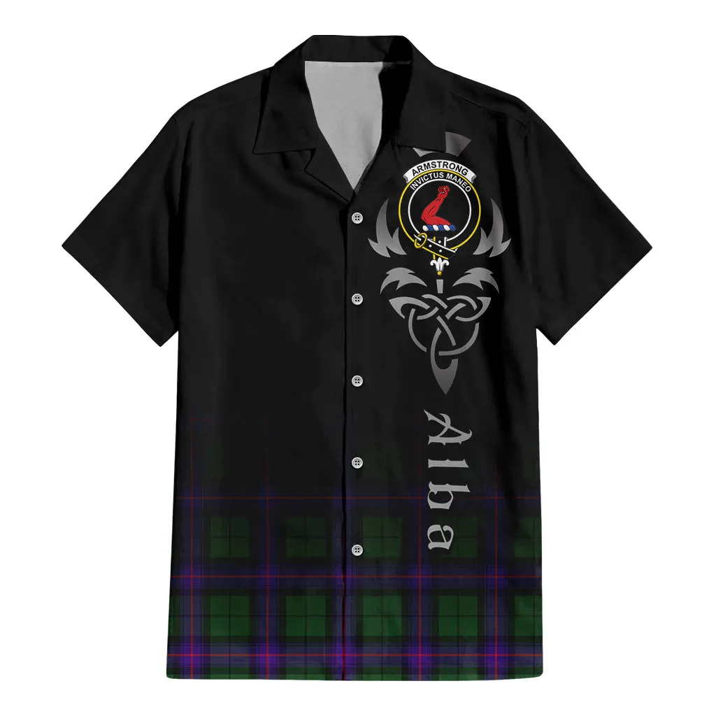 Armstrong Modern Tartan Short Sleeve Button Up Shirt Featuring Alba Gu Brath Family Crest Celtic Inspired