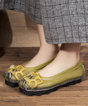 Art Flower Flat Shoes Green Cowhide Leather SL1013