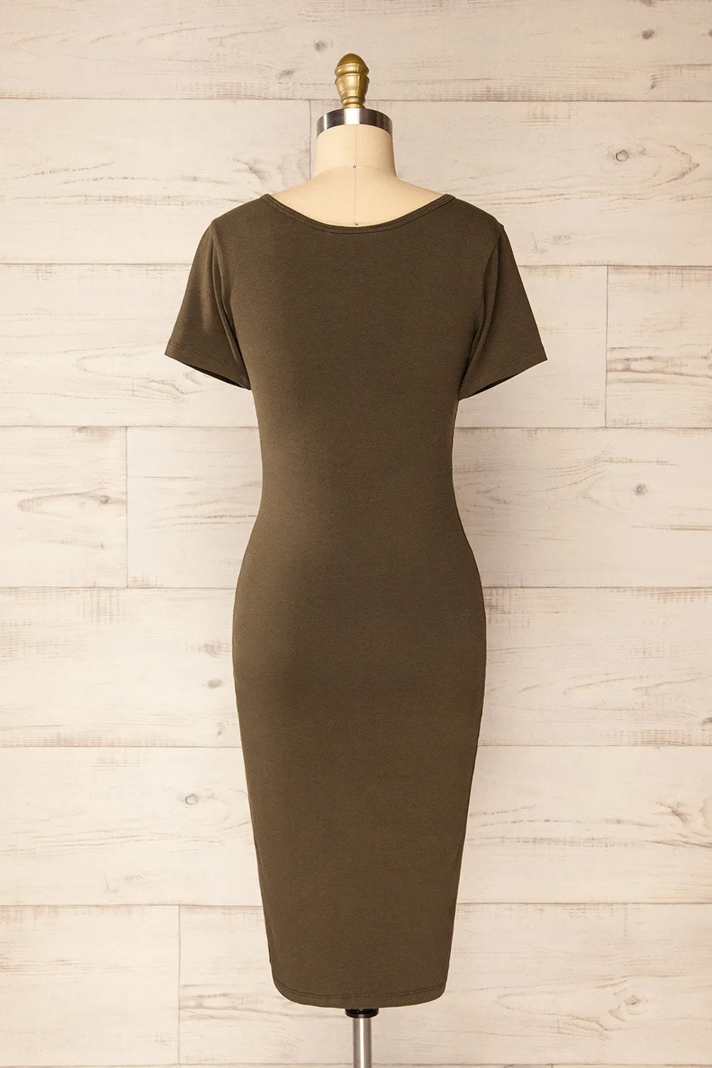 Athens Khaki | Short Sleeve Fitted Midi Dress