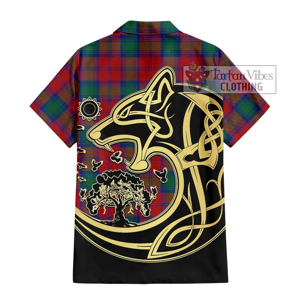 Auchinleck (Affleck) Tartan Short Sleeve Button Shirt with Family Crest Celtic Wolf Style