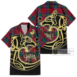 Auchinleck (Affleck) Tartan Short Sleeve Button Shirt with Family Crest Celtic Wolf Style