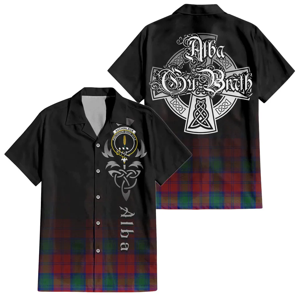 Auchinleck (Affleck) Tartan Short Sleeve Button Up Shirt Featuring Alba Gu Brath Family Crest Celtic Inspired