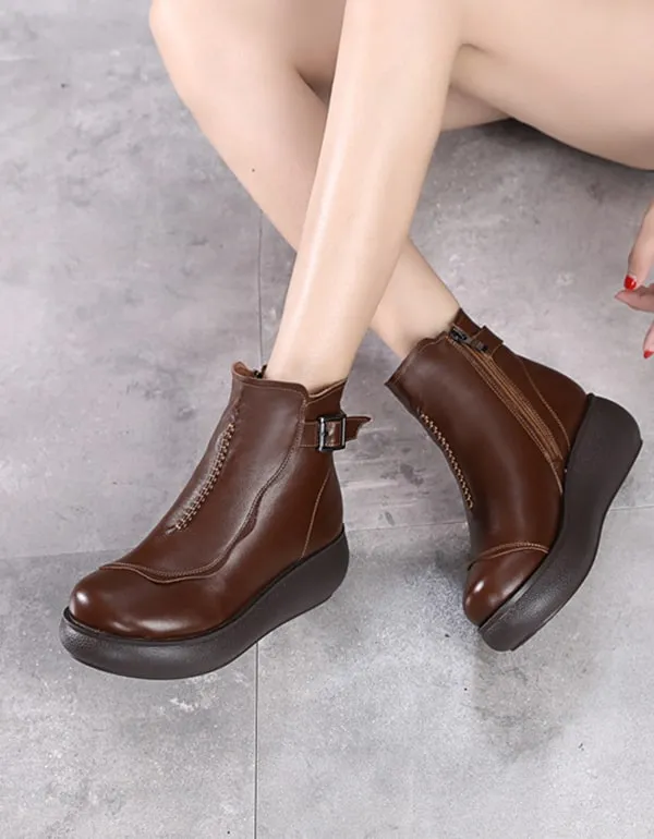 Autumn Winter Retro Leather Wedge Boots For Women