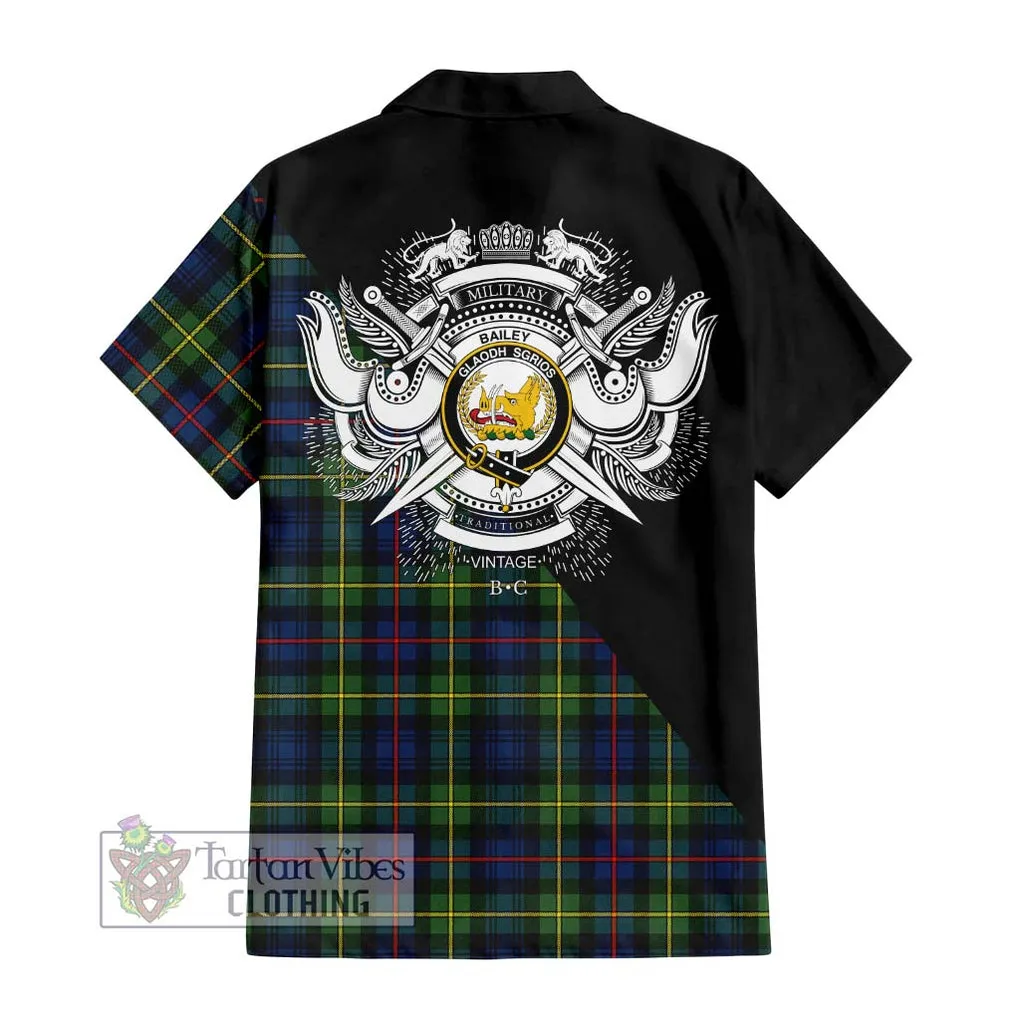 Bailey Modern Tartan Short Sleeve Button Shirt with Family Crest and Military Logo Style