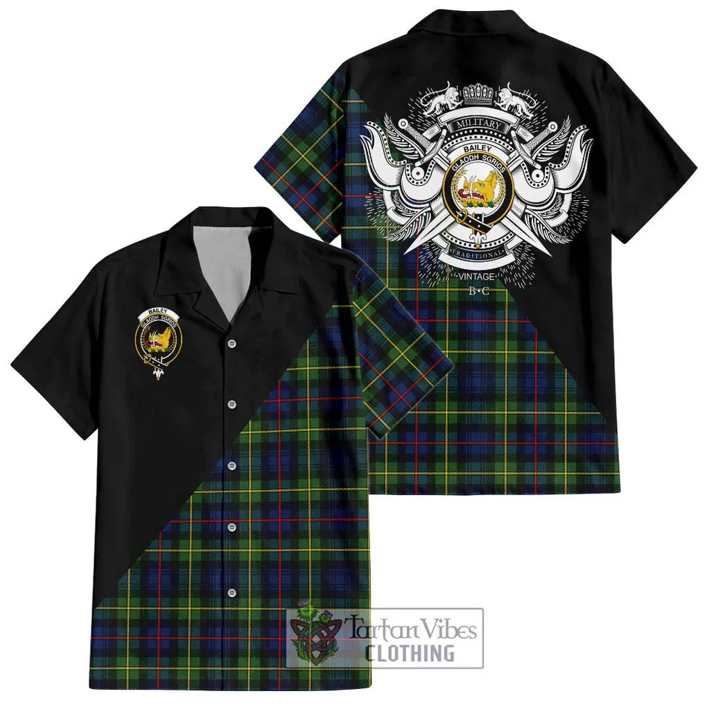 Bailey Modern Tartan Short Sleeve Button Shirt with Family Crest and Military Logo Style