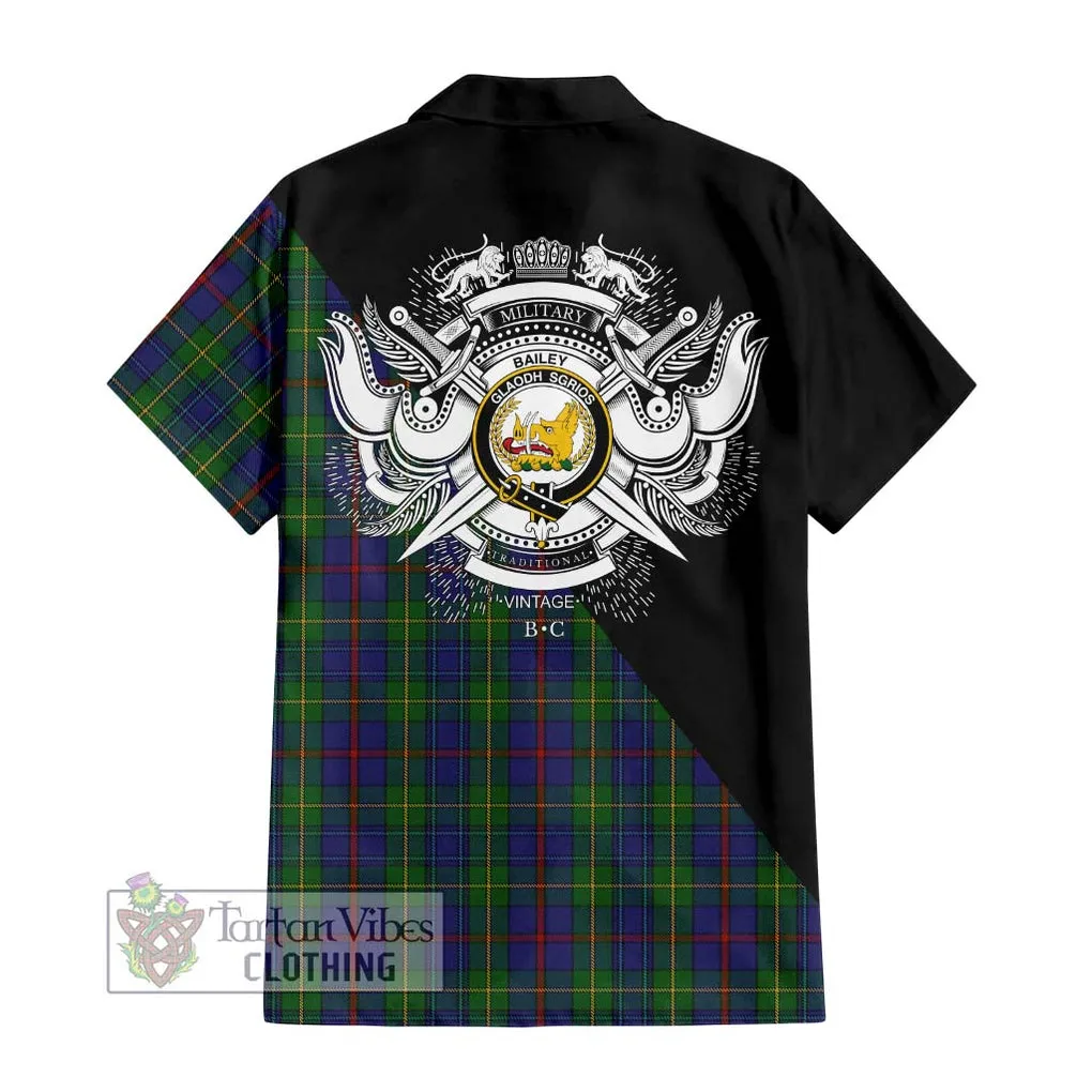 Bailey Tartan Short Sleeve Button Shirt with Family Crest and Military Logo Style