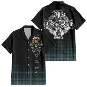 Baillie Ancient Tartan Short Sleeve Button Up Shirt Featuring Alba Gu Brath Family Crest Celtic Inspired