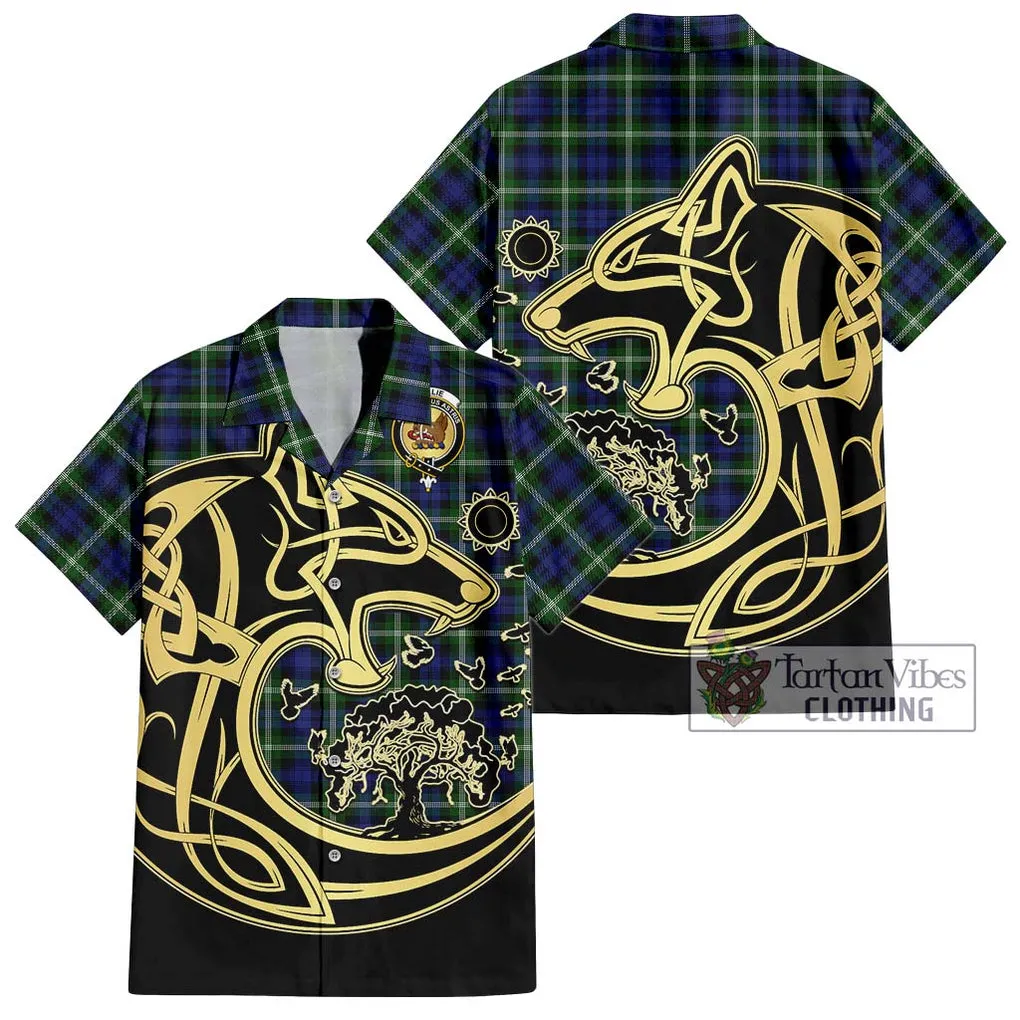 Baillie (Bailey) Tartan Short Sleeve Button Shirt with Family Crest Celtic Wolf Style