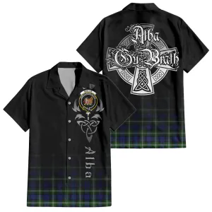 Baillie (Bailey) Tartan Short Sleeve Button Up Shirt Featuring Alba Gu Brath Family Crest Celtic Inspired