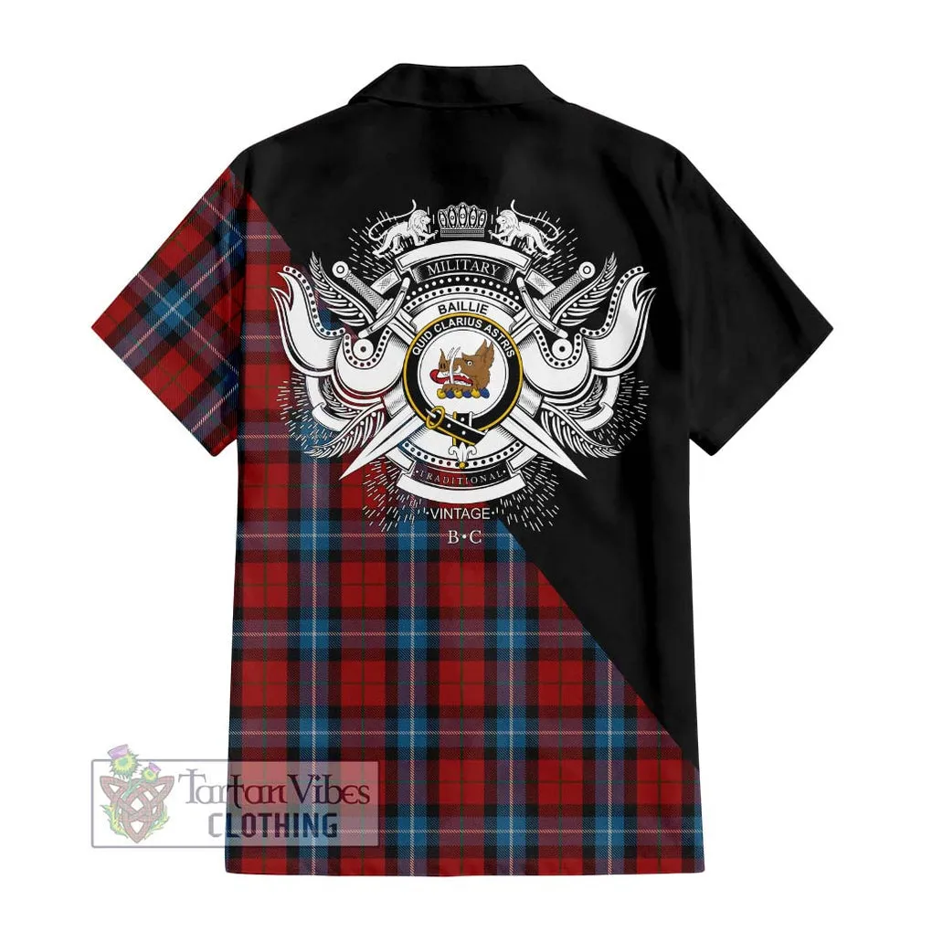 Baillie of Polkemmet Red Tartan Short Sleeve Button Shirt with Family Crest and Military Logo Style