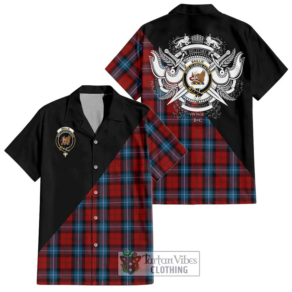 Baillie of Polkemmet Red Tartan Short Sleeve Button Shirt with Family Crest and Military Logo Style