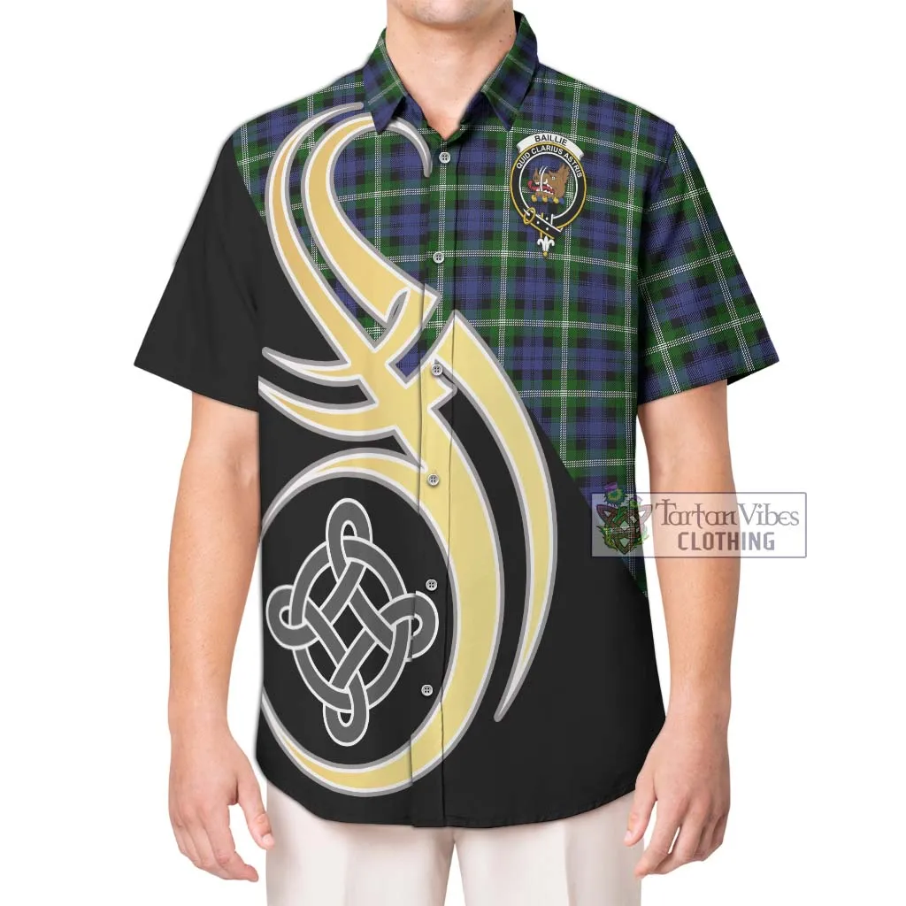 Baillie of Polkemmet Tartan Short Sleeve Button Shirt with Family Crest and Celtic Symbol Style