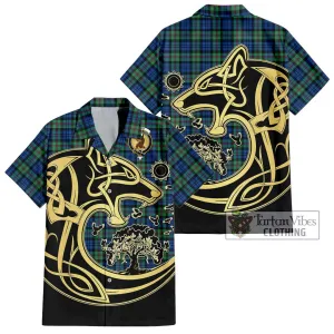 Baird Ancient Tartan Short Sleeve Button Shirt with Family Crest Celtic Wolf Style