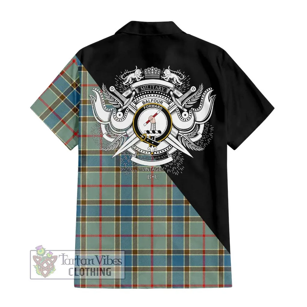 Balfour Blue Tartan Short Sleeve Button Shirt with Family Crest and Military Logo Style