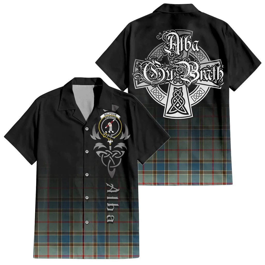 Balfour Blue Tartan Short Sleeve Button Up Shirt Featuring Alba Gu Brath Family Crest Celtic Inspired