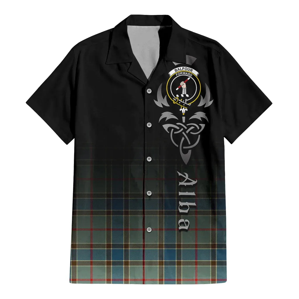 Balfour Blue Tartan Short Sleeve Button Up Shirt Featuring Alba Gu Brath Family Crest Celtic Inspired