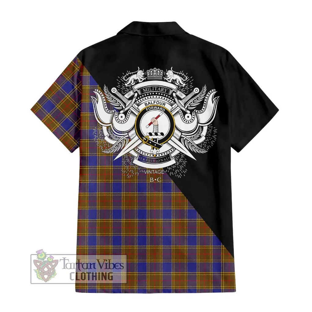 Balfour Tartan Short Sleeve Button Shirt with Family Crest and Military Logo Style