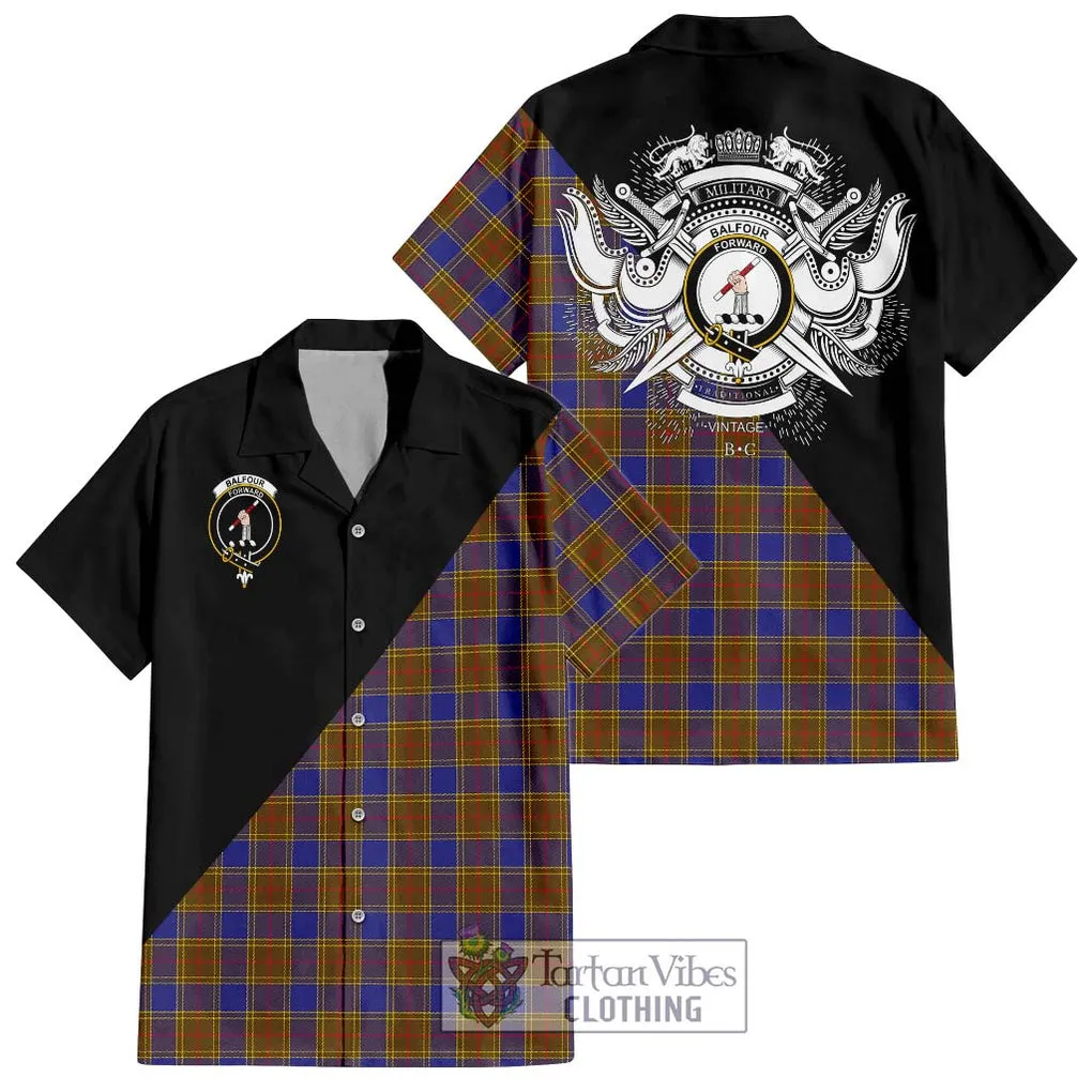 Balfour Tartan Short Sleeve Button Shirt with Family Crest and Military Logo Style