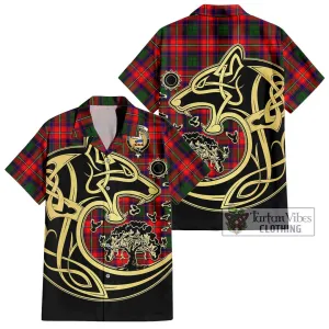 Belshes Tartan Short Sleeve Button Shirt with Family Crest Celtic Wolf Style