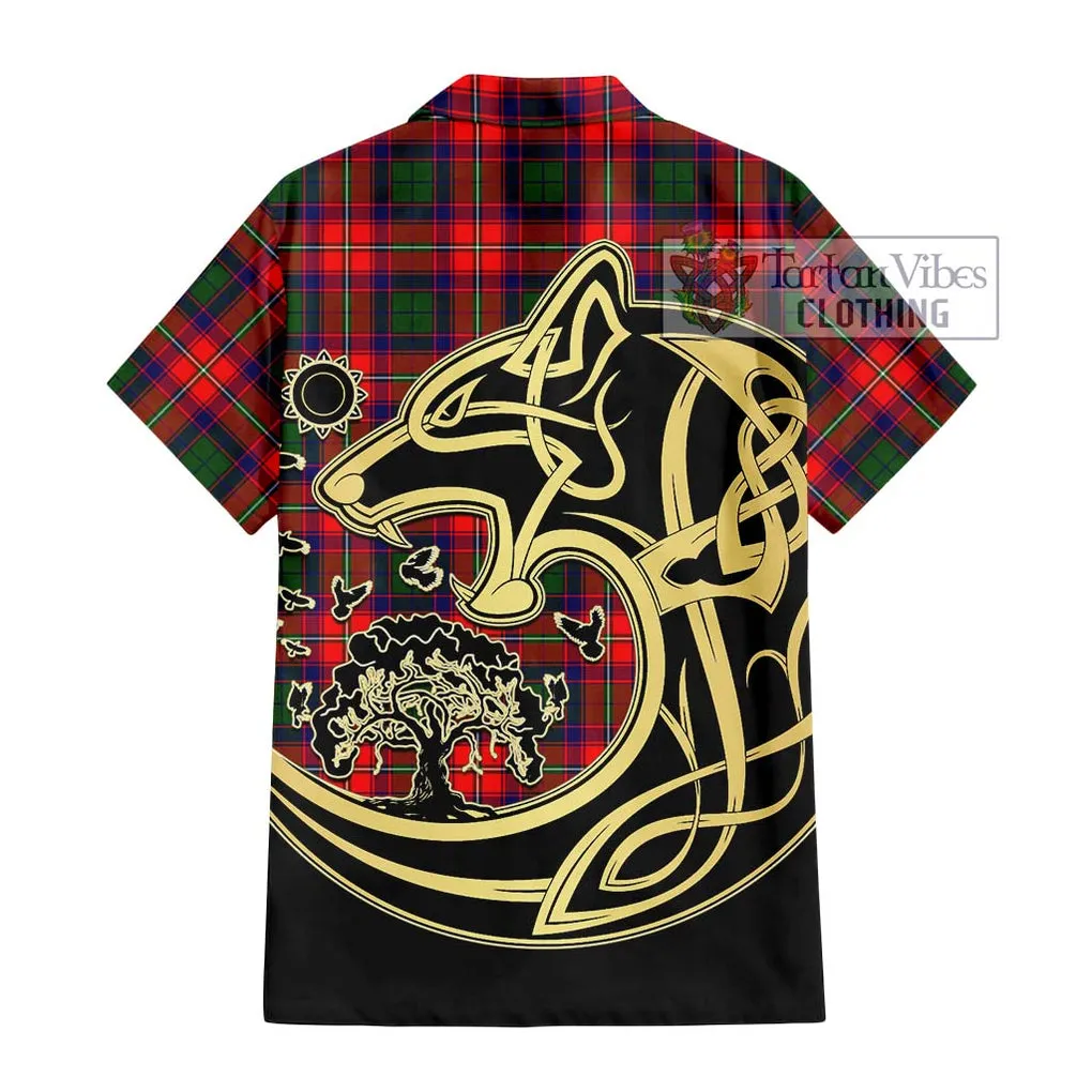 Belshes Tartan Short Sleeve Button Shirt with Family Crest Celtic Wolf Style