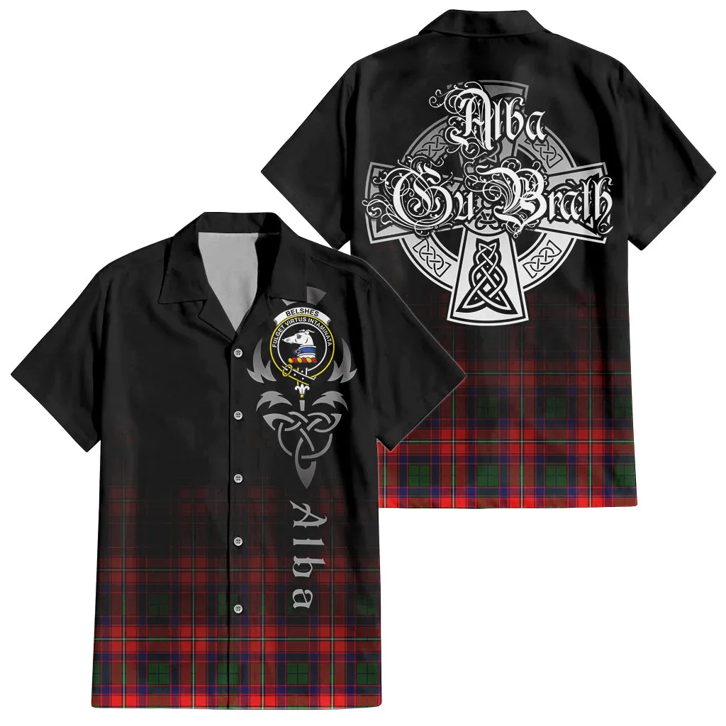 Belshes Tartan Short Sleeve Button Up Shirt Featuring Alba Gu Brath Family Crest Celtic Inspired