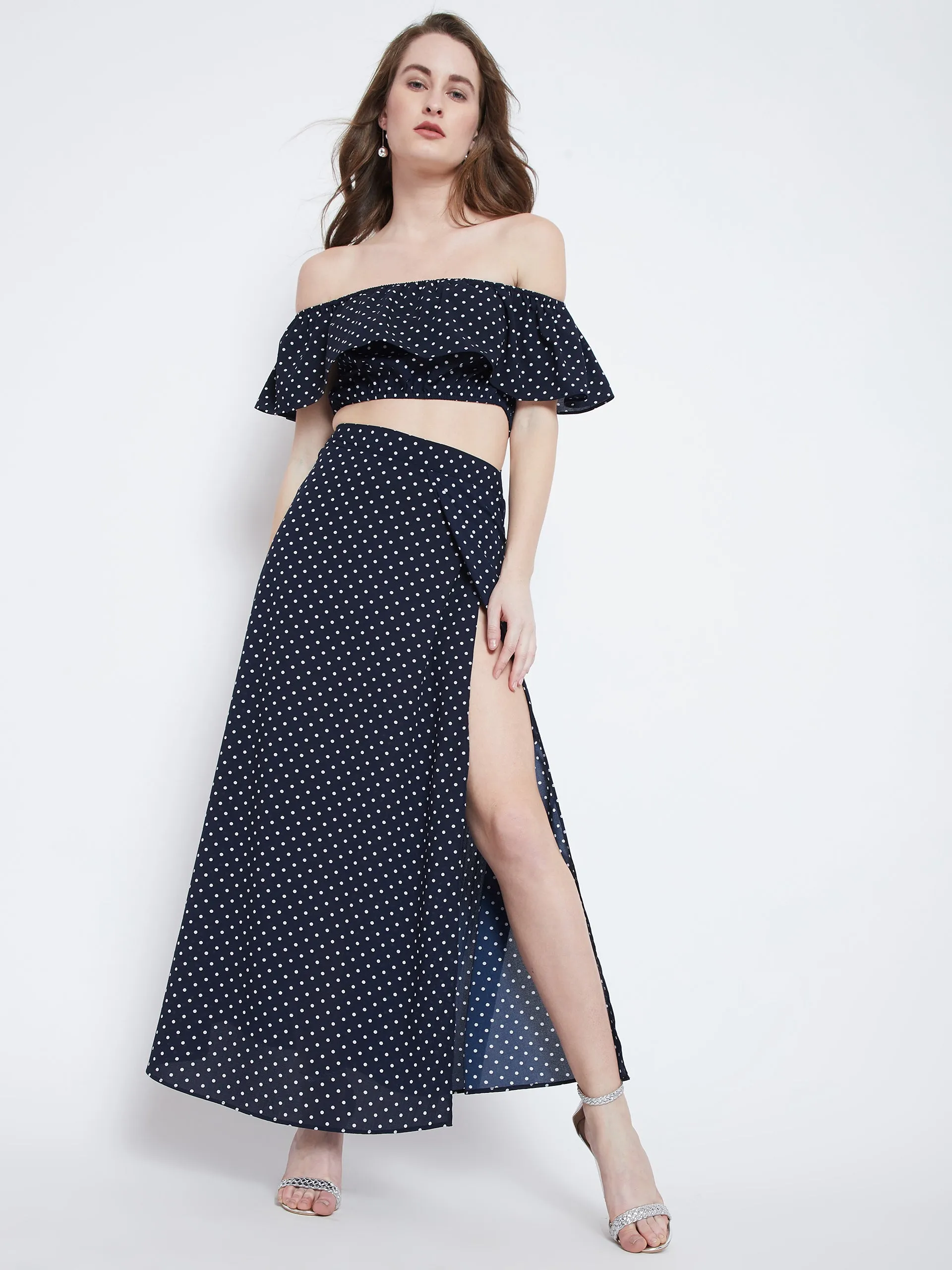 Berrylush Women Navy Blue & White Polka Dot Printed Off-Shoulder Neck Ruffled Co-Ordinate Maxi Dress